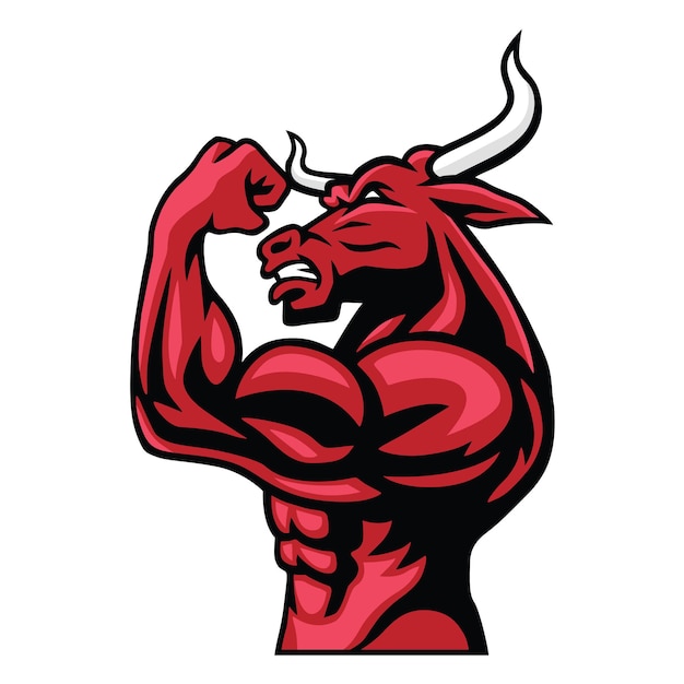 Bull logo character design bodybuilder posiert mit seinem muskulösen körper vektor maskottchen