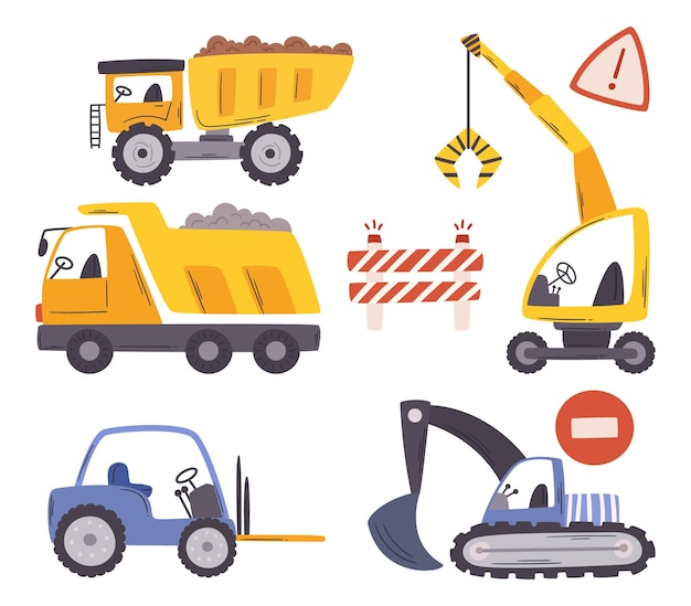 Vektor bulldozer, kran, bagger, gabelstapler und schüttwagen, baufahrzeuge, graben, heben und bewegen von materialien, die die landschaft mit effizienz und kraft formen, zeichentrick-vektor-illustrationsmaschinen-set