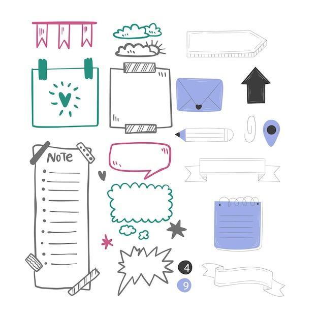 Bullet-Journal-Handgezeichnetes Element-Set-Aufkleber-Planer-Etikett-Doodle-Skizze-Schreibstil-Bullet