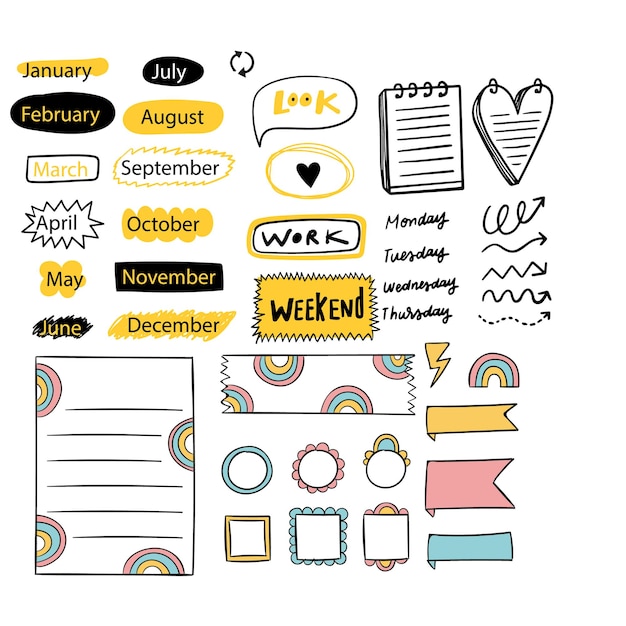 Bullet-Journal-Handgezeichnetes Element-Set-Aufkleber-Planer-Etikett-Doodle-Skizze-Schreibstil-Bullet