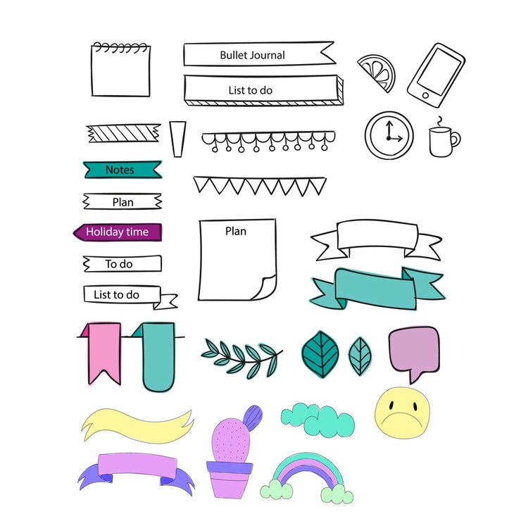 Vektor bullet-journal-handgezeichnetes element-set-aufkleber-planer-etikett-doodle-skizze-schreibstil-bullet