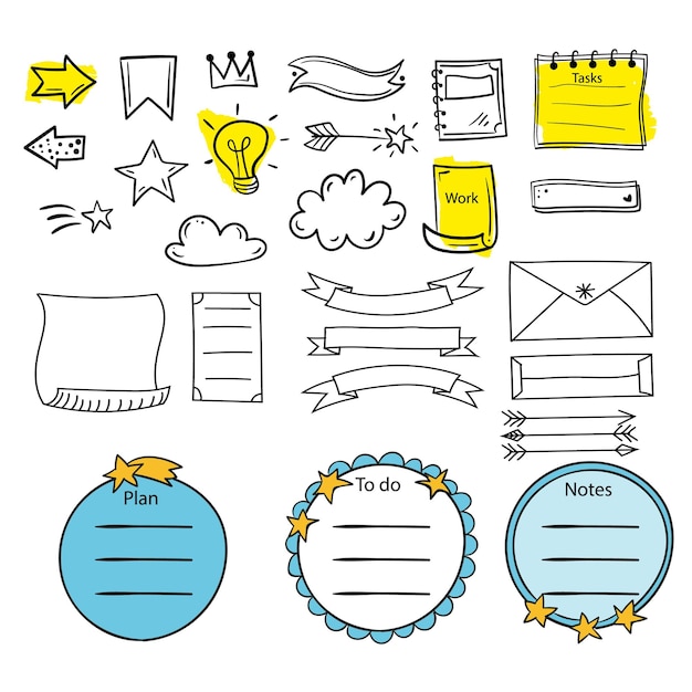 Bullet-Journal-Handgezeichnetes Element-Set-Aufkleber-Planer-Etikett-Doodle-Skizze-Schreibstil-Bullet