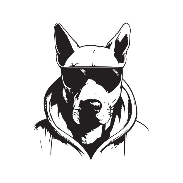 Vektor bullterrier trägt kapuzenpullover mit sonnenbrille, vintage-logo, strichzeichnungen-konzept, schwarz-weiße, handgezeichnete illustration