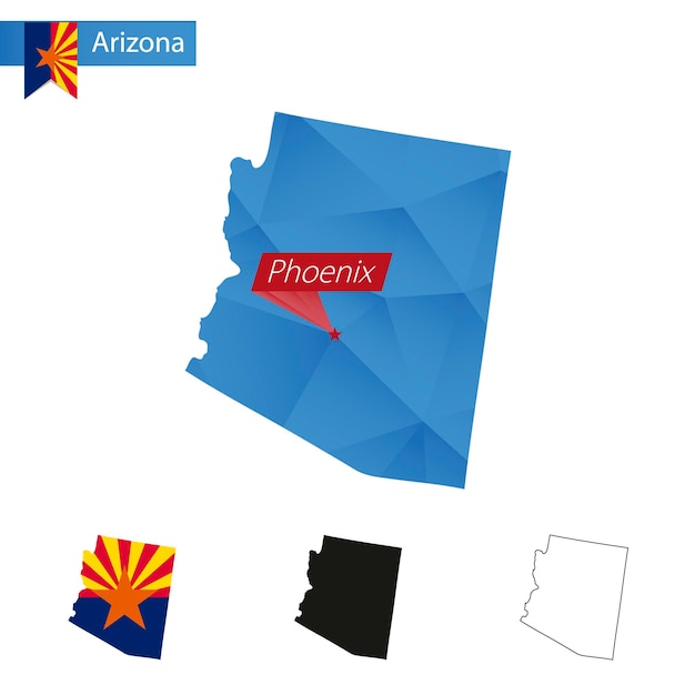 Bundesstaat arizona blaue low-poly-karte mit hauptstadt phoenix