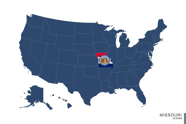 Bundesstaat missouri auf blauer karte der vereinigten staaten von amerika flagge und karte von 