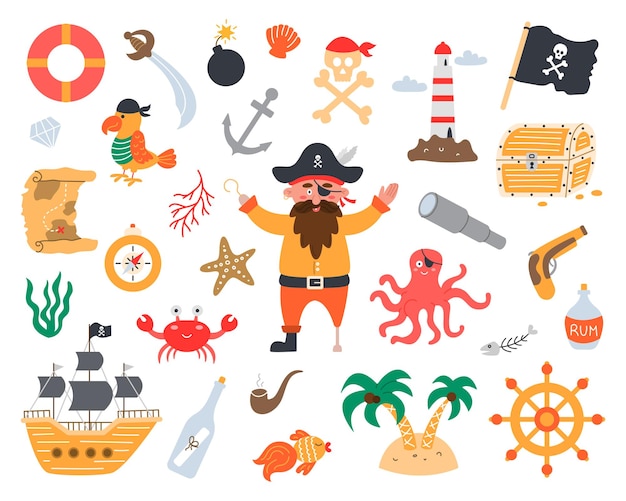 Vektor bundle piraten-set im flachen, von hand gezeichneten stil papageienschiff schatzkarte meeresbewohner