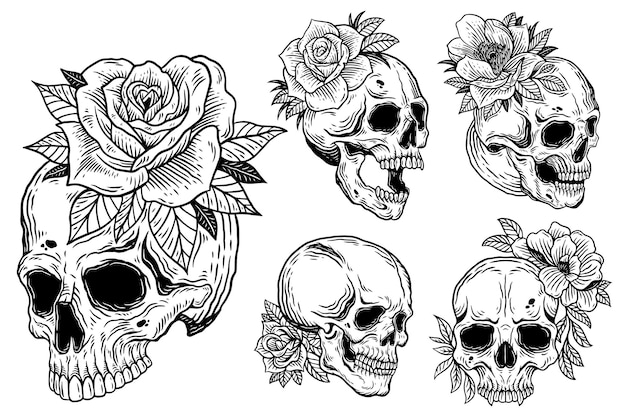 Bundle Set Skull Rose Dark Illustration Devil Demon Horror Skull Bones Head Handgezeichnetes Schraffursymbol Tattoo Merchandise T-Shirt Merch Vintage