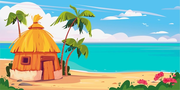 Bungalow auf der malediven-insel mit palmen und tropischen blumen resort-wasservillen-vektor-banner