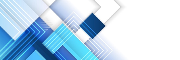 Bunte blaue und graue glänzende Quadrate abstraktes Tech-Banner-Design. Geometrischer Vektorhintergrund. Banner-Webdesign-Vorlage dynamisches geometrisches Muster diagonale Streifen Linienelemente auf blauem Hintergrund