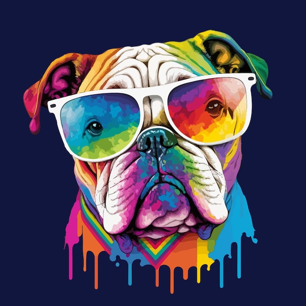 Bunte Bulldogge mit Sonnenbrille im Pop-Art-Stil.