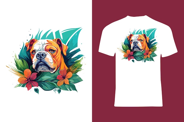 Bunte bulldogge mit tropischem blatthintergrund im t-shirt-design im vektorstil