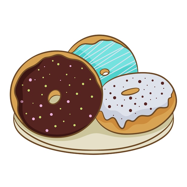 Bunte glasierte Donuts auf dem Teller, isoliert auf weißem Hintergrund. Vektor-Illustration in einem flachen Cartoon-Stil.