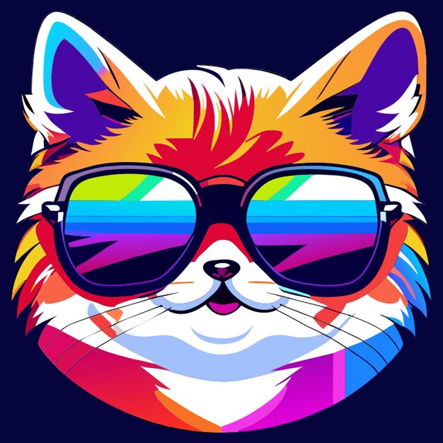 Vektor bunte grafische t-shirt-vektor einer niedlichen glücklichen katze mit sonnenbrille detaildesign farbenfrohe kontur