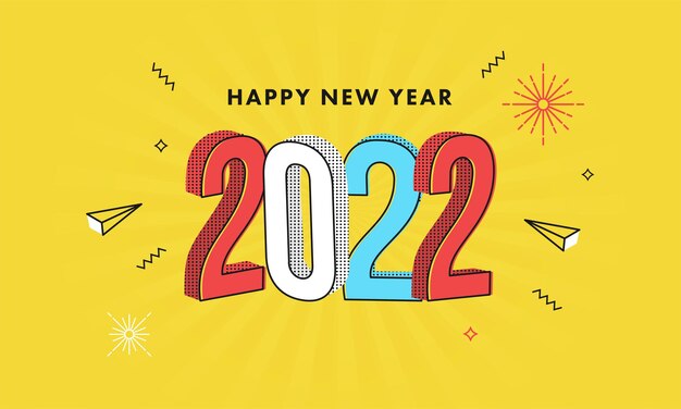 Bunte Halbton-Effekt 2022-Nummer mit Feuerwerk, Dreieck-Elemente auf gelbem Hintergrund für ein frohes neues Jahr.
