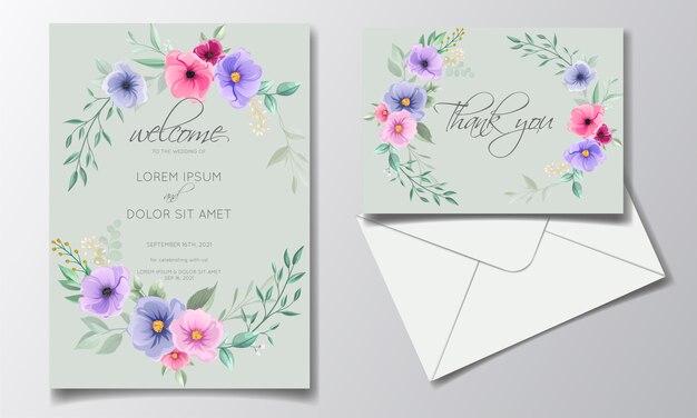 Bunte hand gezeichnete blumenhochzeitseinladungskarte