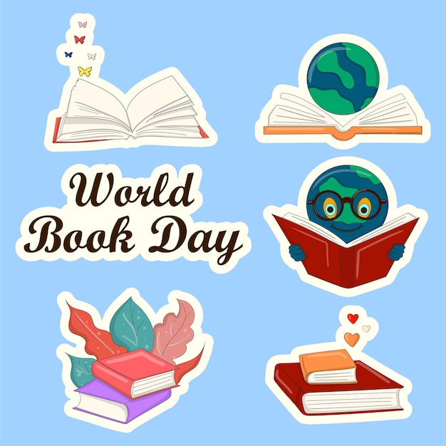 Bunte handgezeichnete Aufkleber zum Welttag des Buches