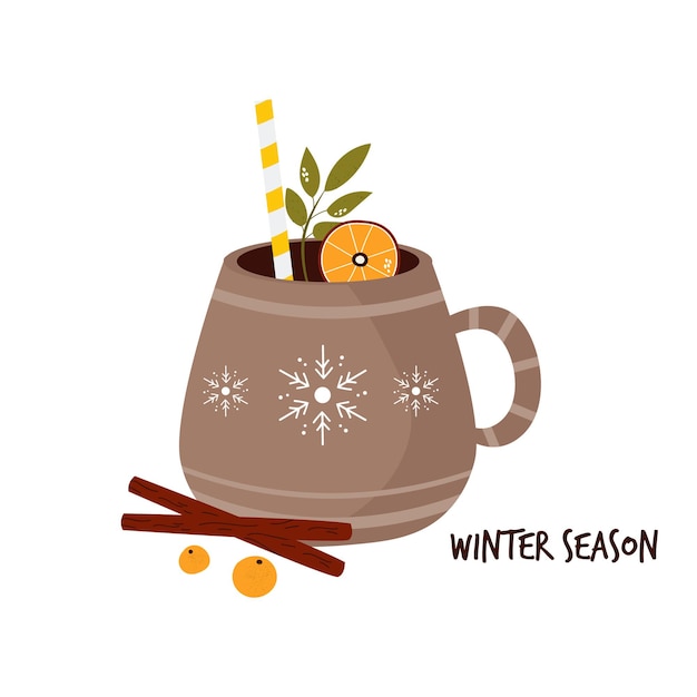 Bunte Karte mit Tasse Kakao und Gewürzen. Winterliche Grüße. Vektor-Illustration