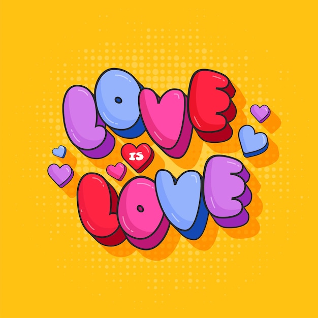 Bunte Liebe 3D ist Liebes-Schriftart mit Herzen auf gelbem Halbtonhintergrund.