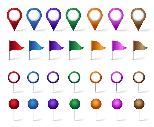 Bunte reihe von orten, orten, reisen und ziel-pin-icons, flaggen und schaltflächen für die navigation