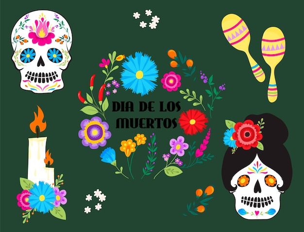 Bunte reihe von symbolen für dia de los muertos. tag der toten und halloween. vintage symbole der schädel catrina partykultur. traditionelles festival glückliche design-vektor-illustration.