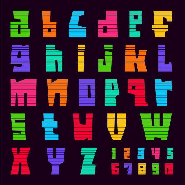 Vektor bunte schriftschnittstreifen. trendiges alphabet, bunte vektorbuchstaben