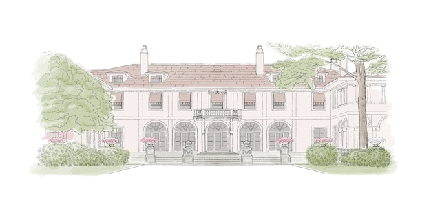 Bunte Skizze, Hochzeitsort, Architektur. Illustration mit Stilvilla