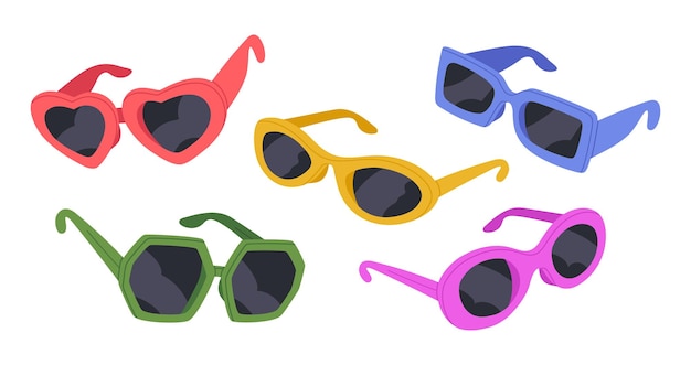 Vektor bunte sonnenbrillen trendige sonnenbrillen mit kunststoffrahmen schattierungen flaches vektor-illustrationsset für modische brillenzubehör