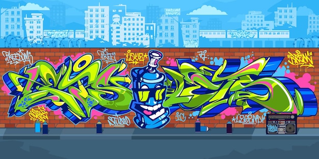 Bunte streetart-graffiti-wand im freien mit zeichnungen