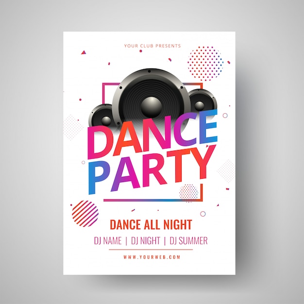 Bunte Texttanzparty mit Illustration des Woofer und des Abstra