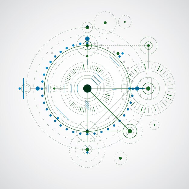 Bunte Vektorzeichnung der geometrischen Technologie, technische Tapete. Abstraktes Schema des Motors oder technischen Mechanismus.