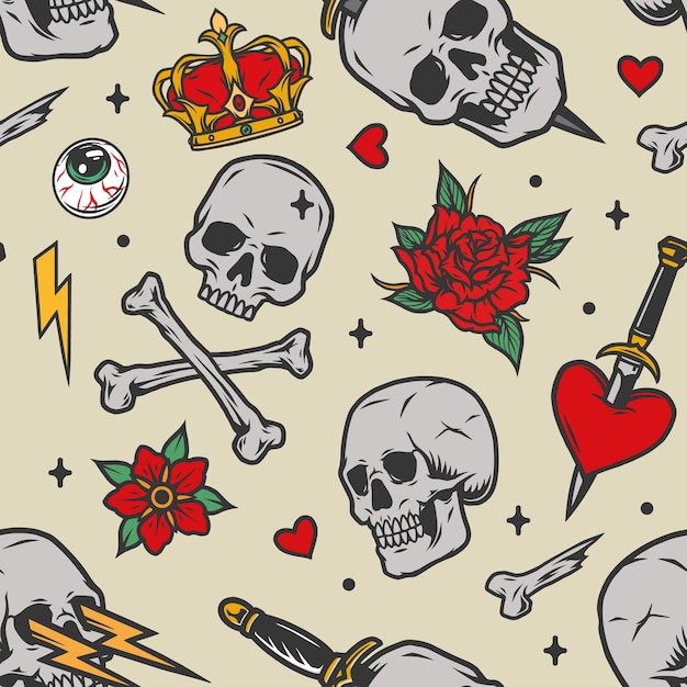 Bunte Vintage Tattoos nahtlose Muster mit Königskrone, menschlichem Auge und Blitz gekreuzten Knochen