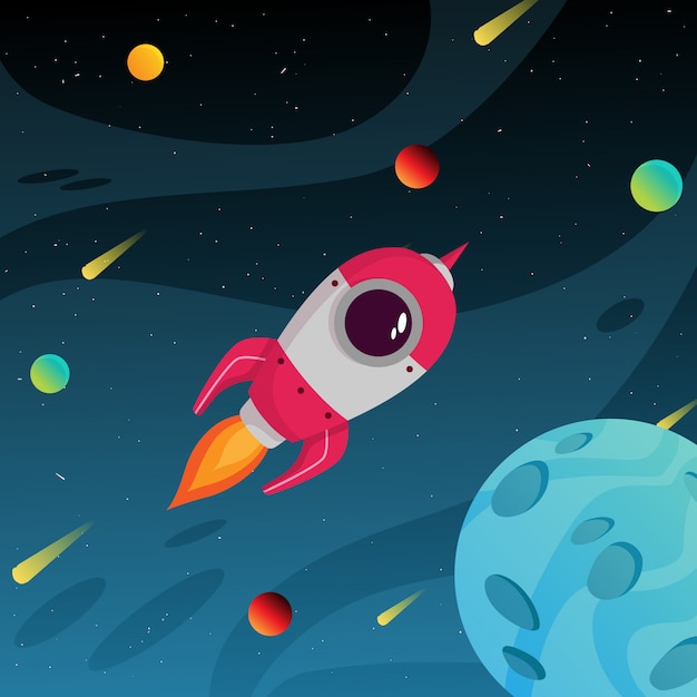 Bunte Weltraumgalaxie mit Planeten- und Weltraumrakete entfernen sich