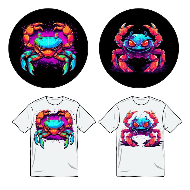 Bunte, woterfarbene neonillustration der krabbe im t-shirt-design