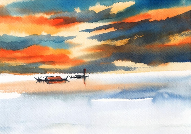 Bunter Himmel mit Booten und Flussaquarell-Hintergrundkunst