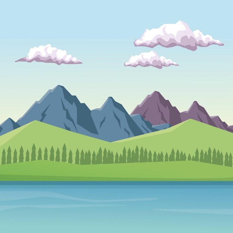 Vektor bunter hintergrund mit tagesgebirgstalllandschaft und -see
