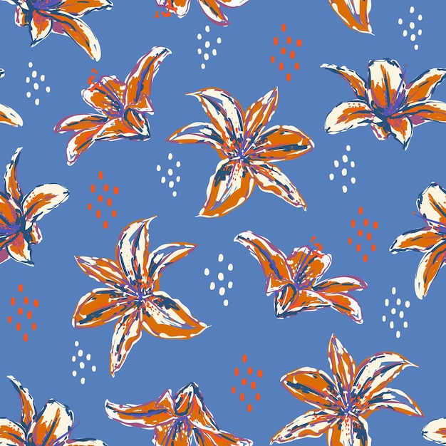 Bunter künstlerischer Sommer blühende Lilie Blumen nahtloses Muster in handgebürsteten Vektorstrichen Handmalerei-Design für fashionfabricwallpaperweb und alle Drucke auf hellblau