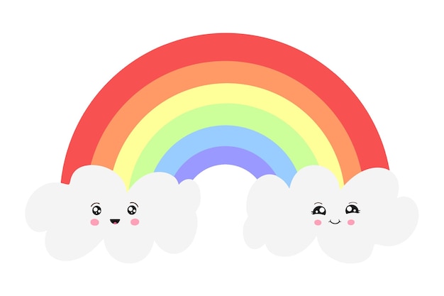 Bunter Regenbogen mit weißen Wolken im Kawaii-Stil Regenbogen-Vektorsymbol auf blauem Hintergrund