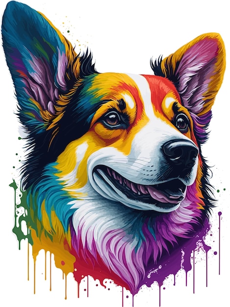 Vektor bunter regenbogen realistischer corgi-hundekopf-tiermaskottchen-t-shirt-design