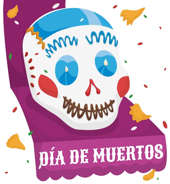 Bunter Zuckerschädel auf lila Band für den mexikanischen Dia de Muertos mit Ringelblumenblättern und Konfetti