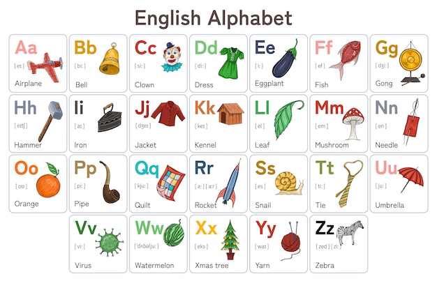 Vektor buntes alphabet mit niedlichem illustrationsset. vorschul- und schulbildungskonzept