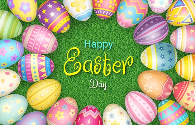 Buntes Ei des glücklichen Ostern-Tages auf Draufsicht des Grashintergrundes mit Kopienraum