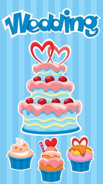 Buntes hochzeitsdessert-banner mit leckeren kuchen- und cupcakes-aufklebern auf blau gestreiftem