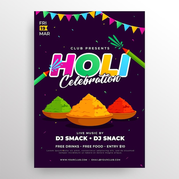 Buntes holi celebration flyer poster design mit trockenen farben und wasserpistolen