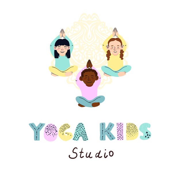 Buntes kinder-yoga-studio-logo mit illustration von kleinen kindern, die yoga machen, isoliert auf weiß