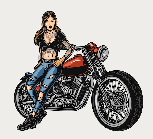 Buntes Motorrad-Vintage-Konzept mit schönem Biker-Mädchen und Motorrad isoliert