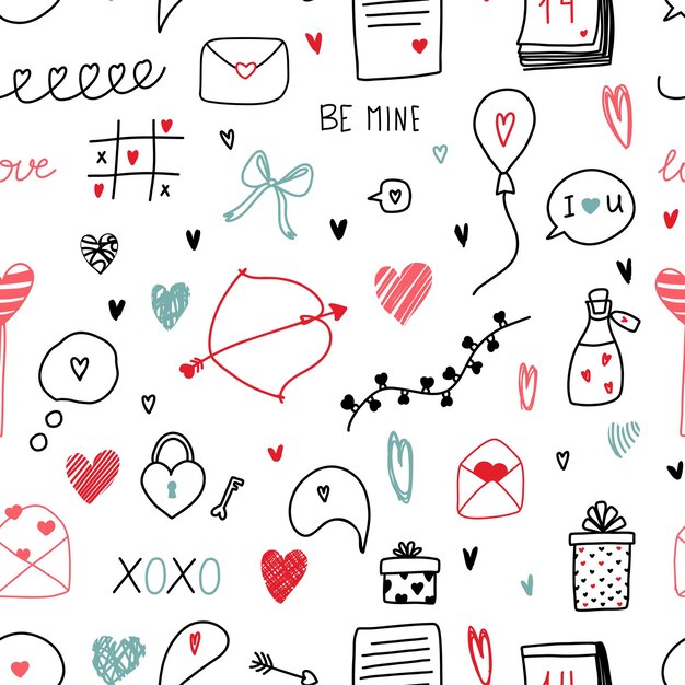 Buntes nahtloses Muster mit handgezeichneten Kritzeleien der Liebe für den Valentinstag auf weißem Hintergrund