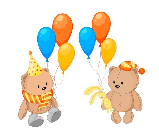 Buntes partyset mit niedlichen teddybären und luftballons auf weißem hintergrund. feier-event alles gute zum geburtstag. mehrfarbig. vektor.