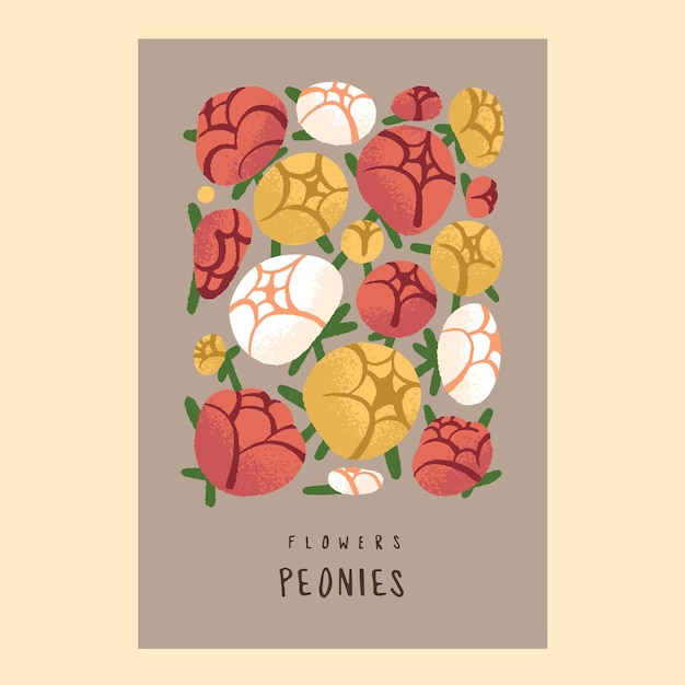 Buntes Pfingstrosenplakat Gartenblumen abstrakte Blüte Frühlingsblüte Blumenhintergrund botanisches Muster im Rahmen Vertikale Postkarte mit Sommerpflanzen 8. März-Karte Flache Vektorillustration