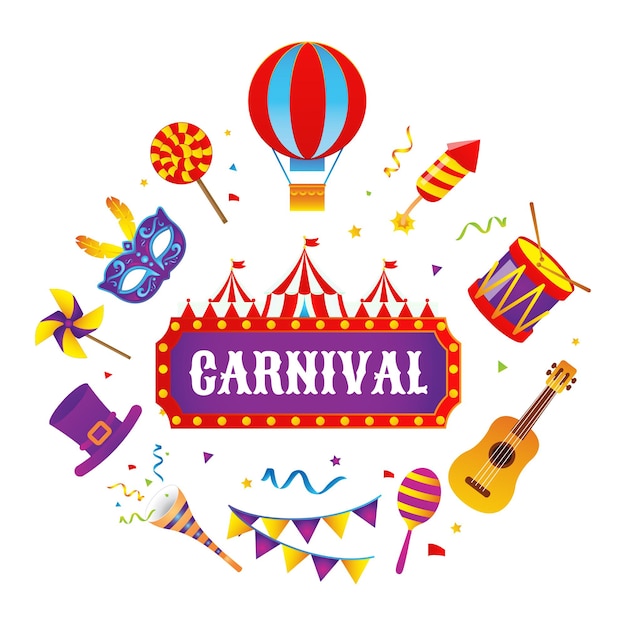 Buntes set an karnevalsartikeln und verschiedenen musikinstrumenten