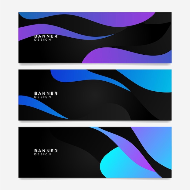 Buntes Webbanner mit Wellenformen. Sammlung horizontaler Werbebanner mit Farbverlauf und abstraktem geometrischem Hintergrund. Header-Design. Lebendige Coupon-Vorlage.